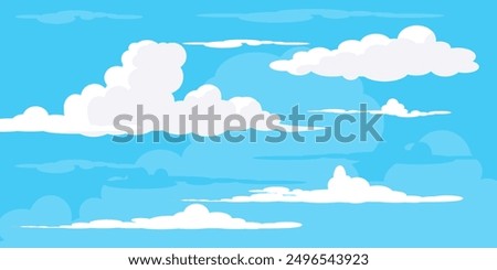 Sky with Clouds illustration in flat style. Sky and clouds background. Cloudy vector cartoon illustration in blue color. Nature abstract wallpaper.