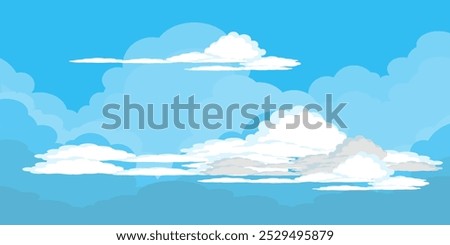 Sky with Clouds illustration in flat style. Sky and clouds background. Cloudy vector cartoon illustration in blue color. Nature abstract wallpaper.