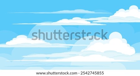 Sky with Clouds illustration in flat style. Sky and clouds background. Cloudy vector cartoon illustration in blue color. Nature abstract wallpaper.