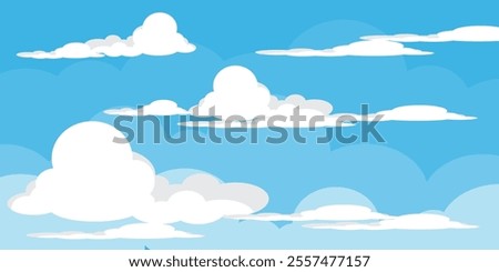 Sky with Clouds illustration in flat style. Sky and clouds background. Cloudy vector cartoon illustration in blue color. Nature abstract wallpaper.