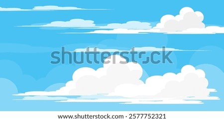 Sky with Clouds illustration in flat style. Sky and clouds background. Cloudy vector cartoon illustration in blue color. Nature abstract wallpaper.