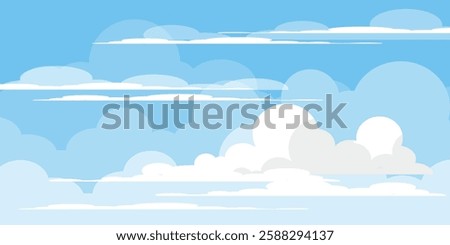 Sky with Clouds illustration in flat style. Sky and clouds background. Cloudy vector cartoon illustration in blue color. Nature abstract wallpaper.