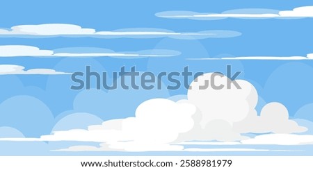 Sky with Clouds illustration in flat style. Sky and clouds background. Cloudy vector cartoon illustration in blue color. Nature abstract wallpaper