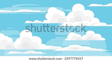 Sky with Clouds illustration in flat style. Sky and clouds background. Cloudy vector cartoon illustration in blue color. Nature abstract wallpaper
