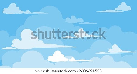 Sky with Clouds illustration in flat style. Sky and clouds background. Cloudy vector cartoon illustration in blue color. Nature abstract wallpaper.