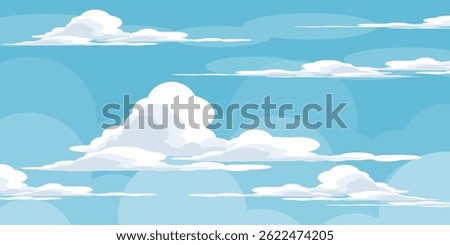 Sky with Clouds illustration in flat style. Sky and clouds background. Cloudy vector cartoon illustration in blue color. Nature abstract wallpaper.