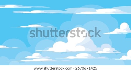 Sky with Clouds illustration in flat style. Sky and clouds background. Cloudy vector cartoon illustration in blue color. Nature abstract wallpaper