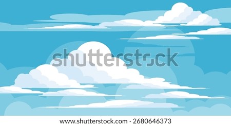 Sky with Clouds illustration in flat style. Sky and clouds background. Cloudy vector cartoon illustration in blue color. Nature abstract wallpaper