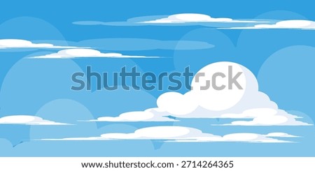 Sky with Clouds illustration in flat style. Sky and clouds background. Cloudy vector cartoon illustration in blue color. Nature abstract wallpaper.