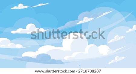 Sky with Clouds illustration in flat style. Sky and clouds background. Cloudy vector cartoon illustration in blue color. Nature abstract wallpaper.