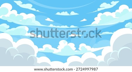 Sky with Clouds illustration in flat style. Sky and clouds background. Cloudy vector cartoon illustration in blue color. Nature abstract wallpaper.