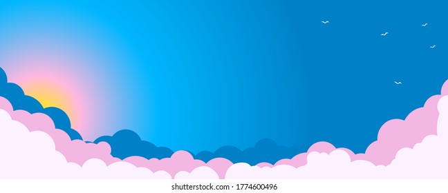 Sky clouds landscape background design. Pink sunrise. Illustration, vector