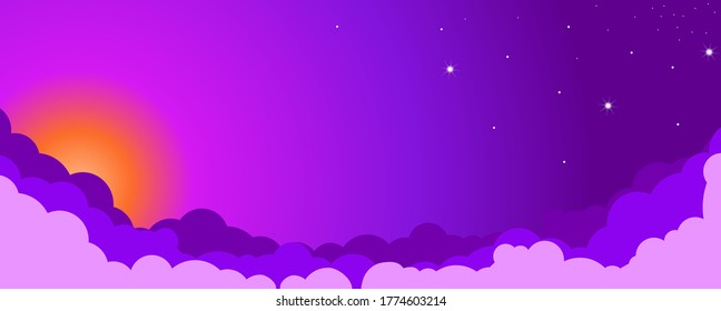 Diseño de fondo del paisaje de las nubes del cielo. Atardecer morado. Ilustración, vector