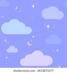 Himmel mit Wolken, Mond, funkelnden Sternen und Herzen nahtlos Muster. Traumhafter Hintergrund, Vektorkinder, Kindergrafik. 