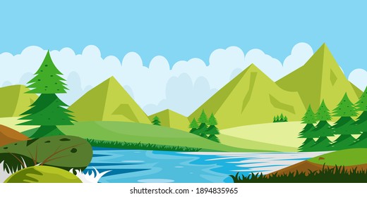 Sky with clouds and mountains illustration in flat design. Green landscape with green grass and blue sky. Panorama of summer beautiful nature, forest, river.
