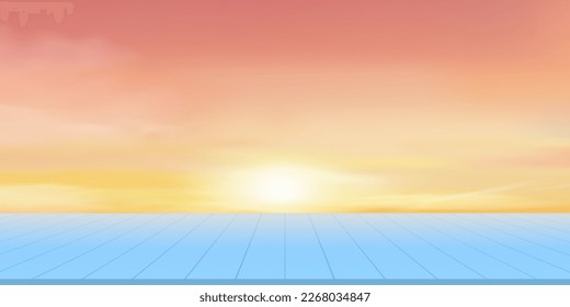 Sky and Clouds on Blue wood texture table top,Vector Yellow Sky with Wooden panel floor,Wood terrace with Pastel sky background,3D Display Product presentation for Spring,Summer Sale, Promotion