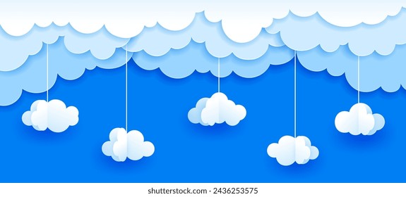 Sky clouds paper cut landscape. 3d vector natural papercut art with white volumetric cumulus wisps hanging on strings in a delicate celestial beauty. Background for weather forecast or childish design