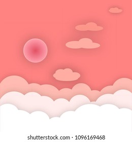 Sky with clouds. Paper clouds and the sun with shadows. Good weather. The sky is at sunset. Vector illustration..

