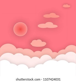 Sky with clouds. Paper clouds and the sun with shadows. Good weather. The sky is at sunset. Vector illustration..

