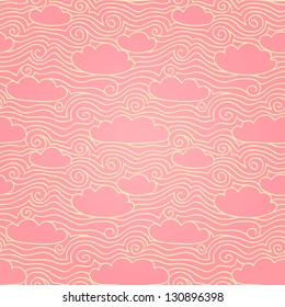 Sky with clouds. Pink seamless pattern. Hand drawn illustration with swirls