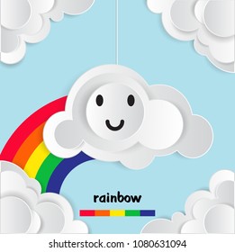 Sky with clouds and rainbow background in paper texture