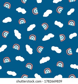 Sky clouds and rainbow seamless pattern Scandinavian style. Kawaii print for kids textile wrapping and scrapbooking paper. Blue white orange light blue. Stock vector hand drawn flat illustration.
