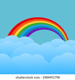 Himmel mit Wolken und Regenbogen. Vektorfarbige Illustration.