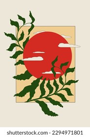 Himmel mit Wolken und roten Sonnengrafik minimalistisches Poster. Moderne Vektorkunst des Mittelalters