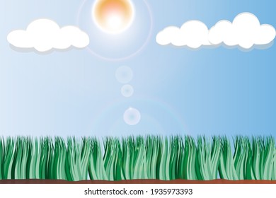 Sky with clouds, shining sun and grasslands. 