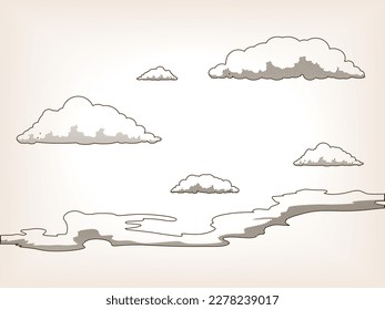 Sky with clouds sketch brown style vector illustration. Old hand drawn engraving imitation.