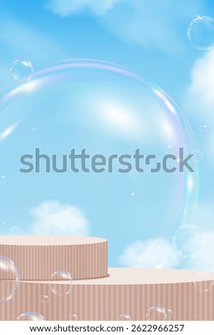 Sky, clouds with stand on blue Background,Beige Podium Platform and Bubbles,Minimal 3d Display for Summer Cosmetic Product display,Vector Banner Design Nature Landscape of Spring Sky for web banner