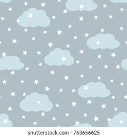 Sky with clouds and stars. Seamless pattern for children. Cartoon vector illustration.