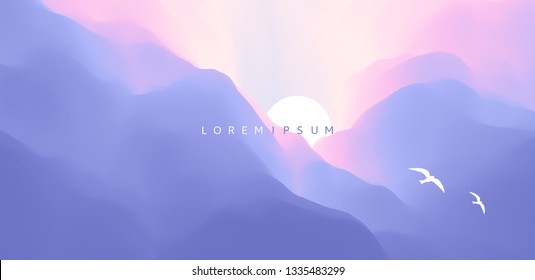 Sky and clouds   sun  Beautiful sunrise and flying seagulls  Landscape and mountains  Abstract background  Vector Illustration 