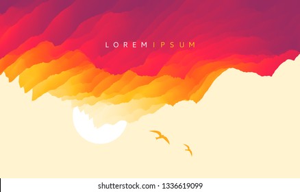 Sky with clouds and sun. Beautiful sunrise with seagulls silhouettes. Relaxing background. Motion vector Illustration.