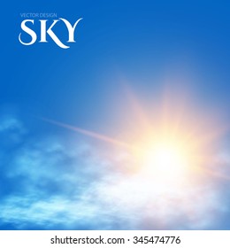 Sky with Clouds and Sun. Bright Design. Vector illustration.
