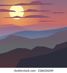 Cielo con nubes y sol. Paisaje con montañas. Atardecer. Terreno montañoso. Antecedentes abstractos. Ilustración vectorial para publicidad, marketing, presentación.