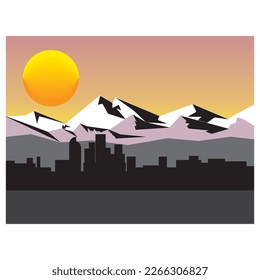 Sky with clouds and sun. Landscape with mountains. Sun . Mountain terrain. Abstract background. Vector illustration for advertising, marketing,