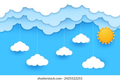 Nubes del cielo y el sol en el fondo del paisaje de corte de papel, vector de dibujos animados. Cielo de la mañana o del día soleado con las nubes cortadas del papel que cuelgan en los hilos y el sol para los niños o el diseño del paisaje del cuarto de niños