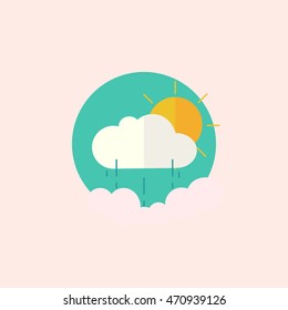 Sky with clouds, sun with rays and raindrops.