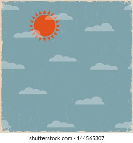 Sky with clouds and sun. Vector vintage background