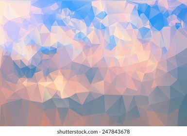 Sky clouds. Sunrise or sunset. Triangle background, vector polygon art, soft colored abstract illustration. Web mobile interface template. Travel corporate website design. Landscape. 