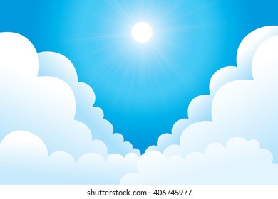 Sky with clouds and sunshine on a sunny day. Vector illustration