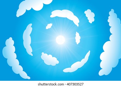 Sky with clouds and sunshine on a sunny day. Vector illustration
