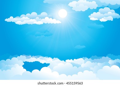 Sky with clouds and sunshine on a sunny day. Vector illustration