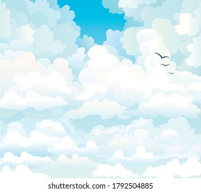 Sky with clouds and three flying birds