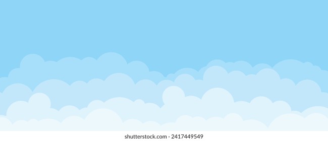 Sky and clouds vector illustration. Simple cartoon blue sky background. Flat vector graphics with copyspace.