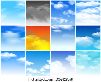 Sky clouds vector pattern cloudy backdrop and blue skyline heaven wallpaper illustration set of cloudscape daylight with fluffy background.