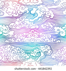 Sky with clouds, vector seamless background. Colorful rainbow abstract pattern.