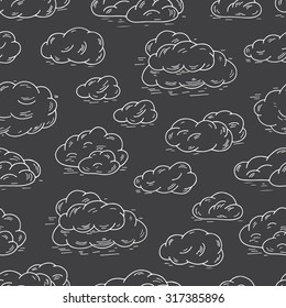 Sky. Clouds Vector Seamless pattern. Hand Drawn Doodle Clouds. Black and white background.