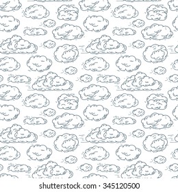 Sky. Clouds Vector Seamless pattern. Hand Drawn Doodle Clouds. Black and white background.